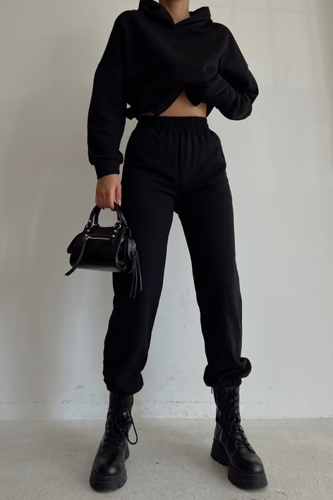 Kapüşonlu Relax Jogger Sweat Takım Siyah