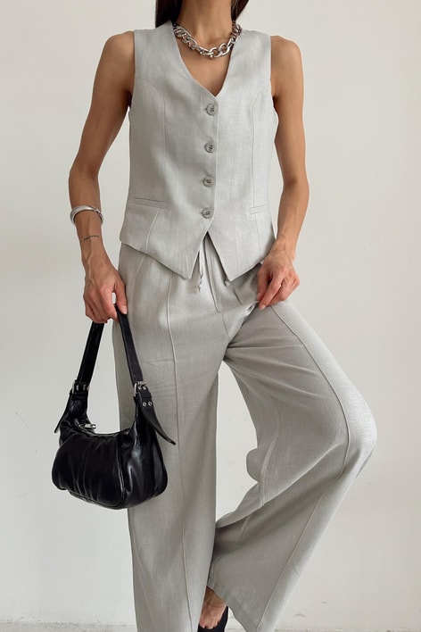 Keten Yelek Pantolon Takım Gri