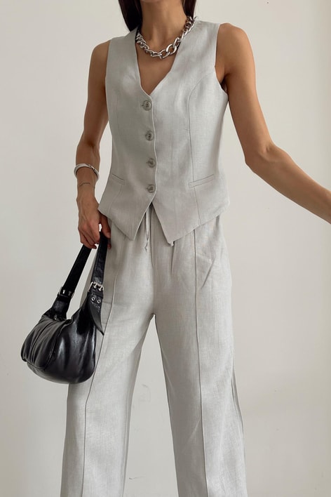 Keten Yelek Pantolon Takım Gri