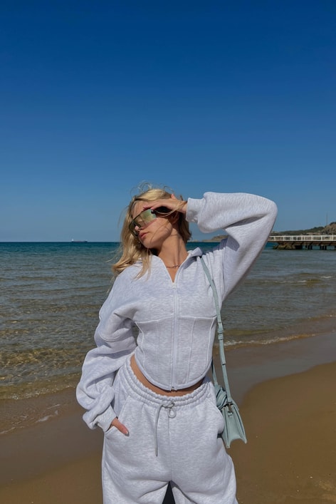 Korsaj Detay Eşofman Takım Gri