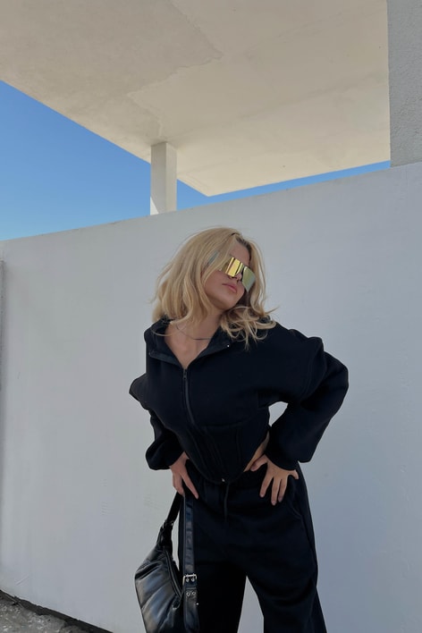 Korsaj Detay Eşofman Takım Siyah