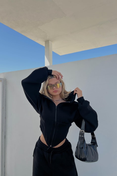 Korsaj Detay Eşofman Takım Siyah