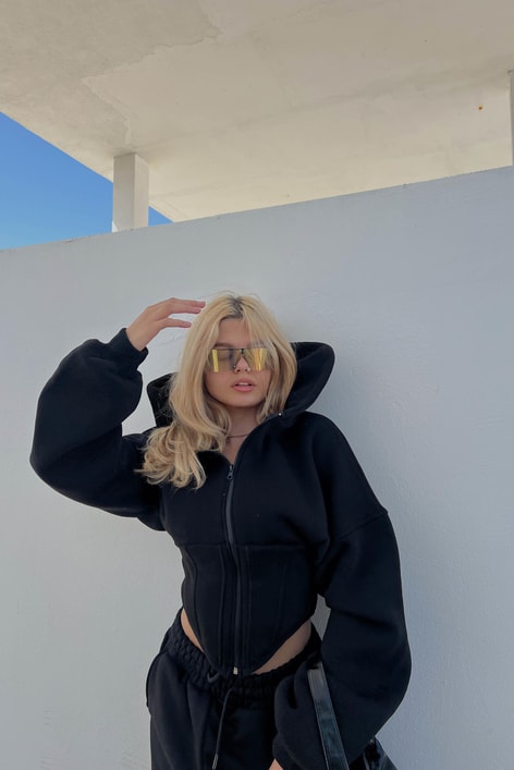 Korsaj Detay Eşofman Takım Siyah