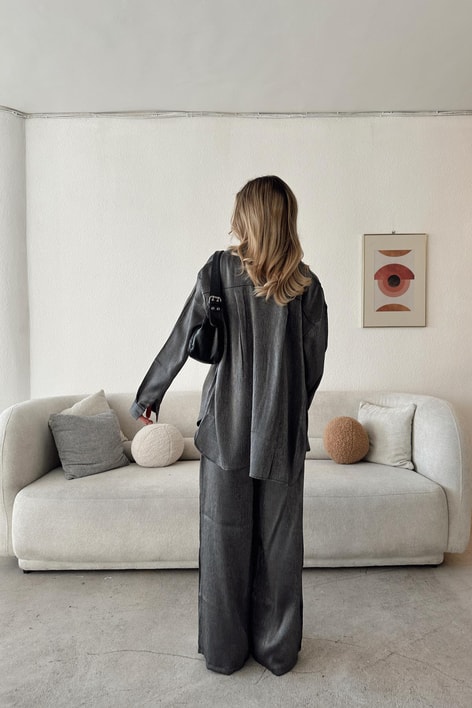 Krinkıl Saten Oversize Takım Füme