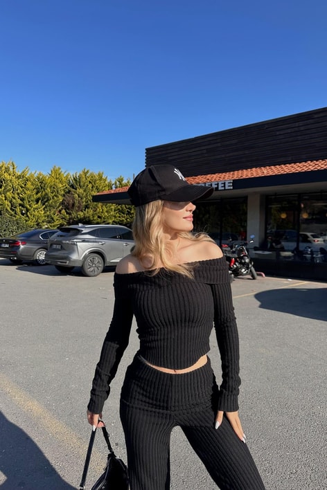 Madonna Yaka Fitilli Takım Siyah