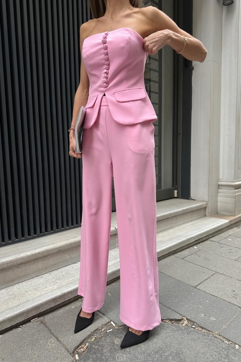 Mini Düğmeli Straplez Takım Pembe