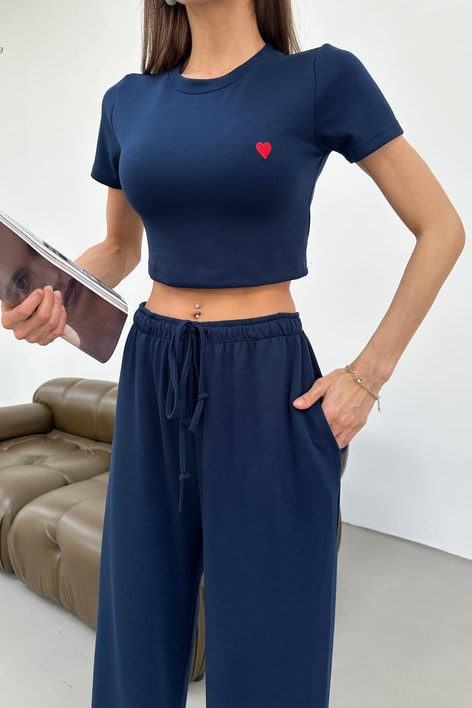 Mini Kalp Nakışlı Modal Crop Takım Lacivert