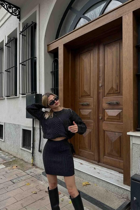 Örgü Detay Oversize Triko Etek Takım Antrasit