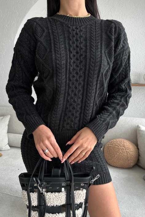 Örgü Detay Oversize Triko Etek Takım Antrasit