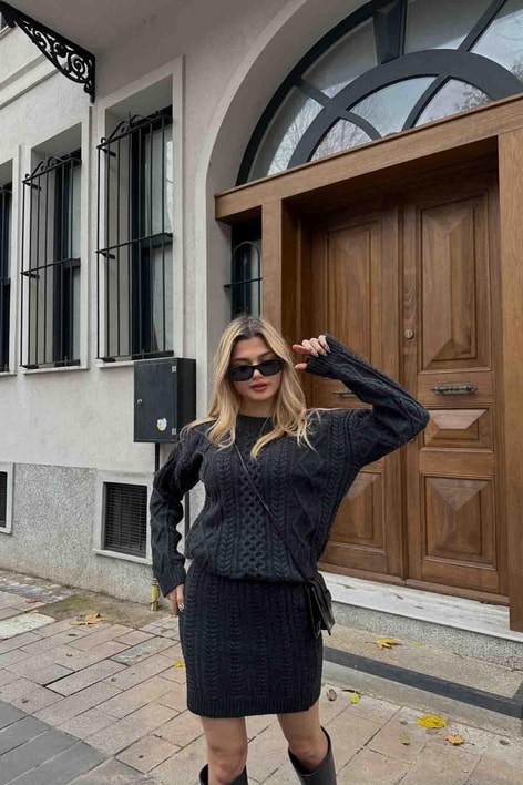 Örgü Detay Oversize Triko Etek Takım Antrasit