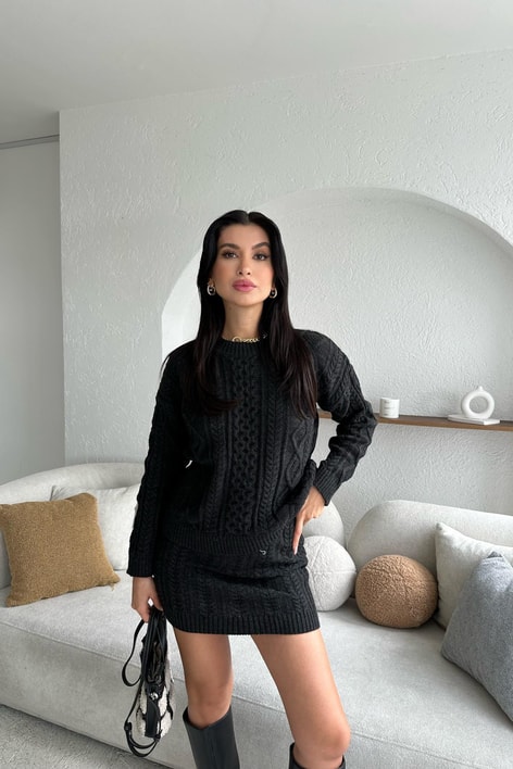 Örgü Detay Oversize Triko Etek Takım Antrasit