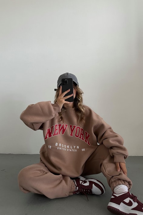 Oversize Bağcıklı NY Eşofman Takım Kahve