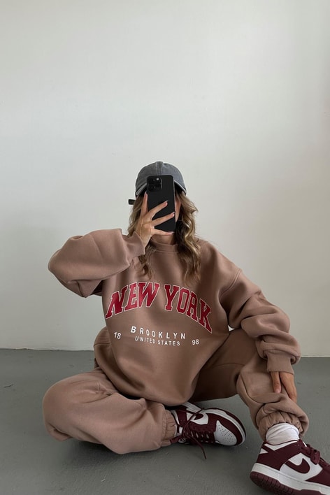Oversize Bağcıklı NY Eşofman Takım Kahve