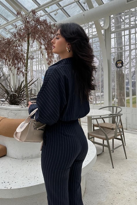 Oversize Çizgili Gömlekli Takım Lacivert
