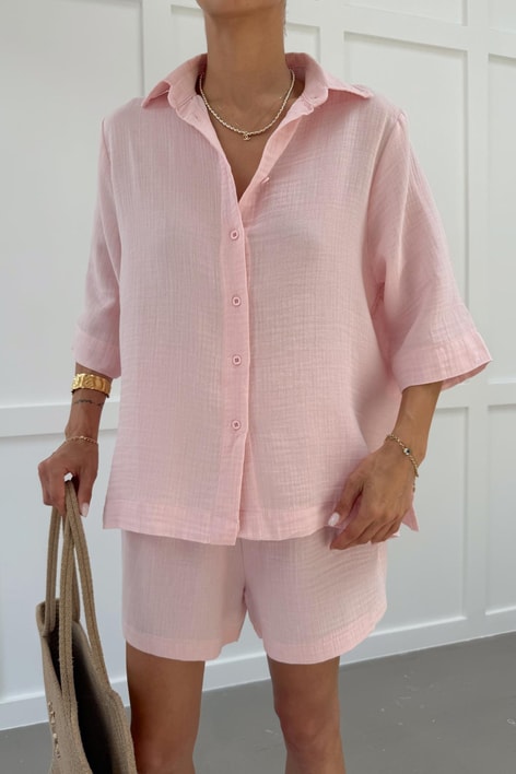 Pamuklu Gömlek Şort Takım Pembe