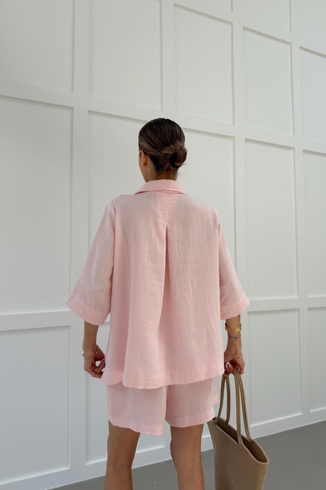 Pamuklu Gömlek Şort Takım Pembe