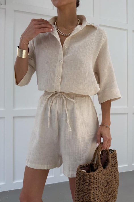 Pamuklu Gömlek Şort Takım Taş