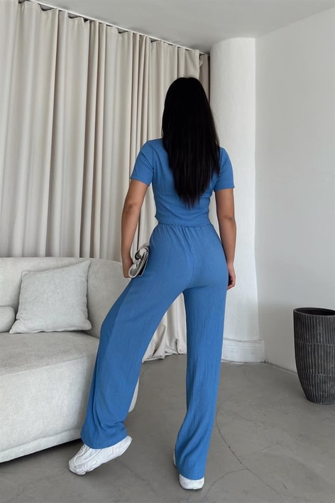 Piliseli Gömlek Pantolon Takım Mavi