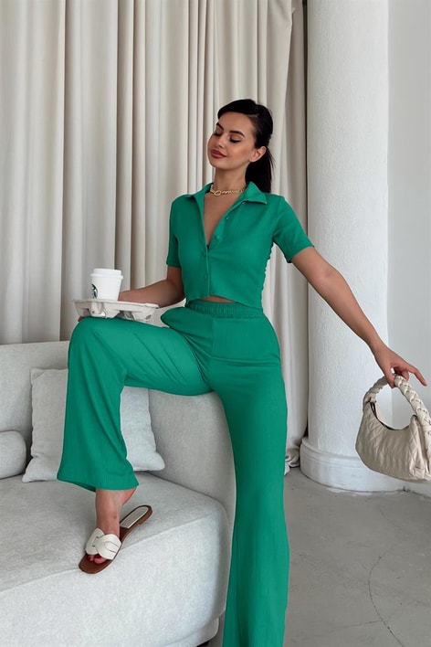 Piliseli Gömlek Pantolon Takım Yeşil