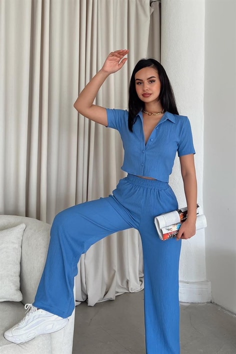 Piliseli Gömlek Pantolon Takım Mavi