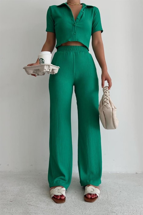 Piliseli Gömlek Pantolon Takım Yeşil
