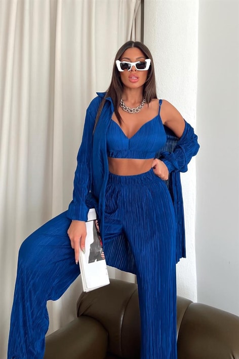 Piliseli Üçlü Sand Takım Saks Mavisi