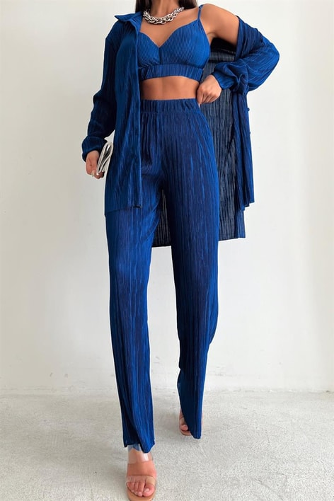 Piliseli Üçlü Sand Takım Saks Mavisi