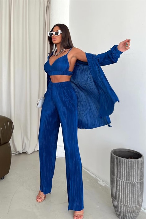 Piliseli Üçlü Sand Takım Saks Mavisi