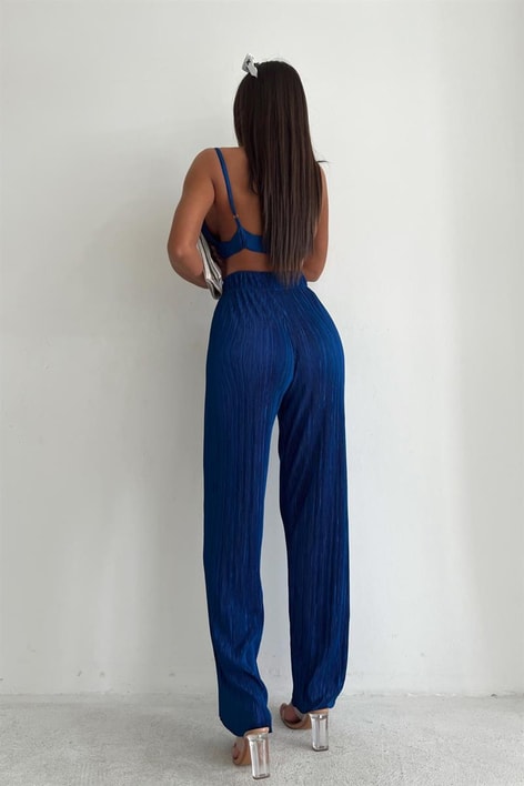 Piliseli Üçlü Sand Takım Saks Mavisi