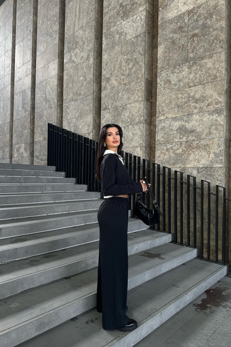 Polo Yaka Palazzo Modal Takım Siyah