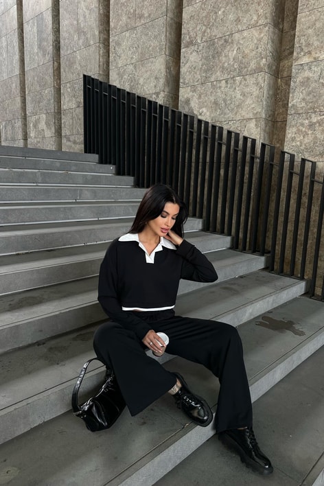 Polo Yaka Palazzo Modal Takım Siyah