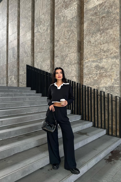 Polo Yaka Palazzo Modal Takım Siyah