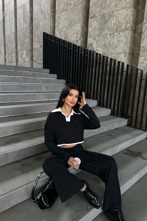 Polo Yaka Palazzo Modal Takım Siyah