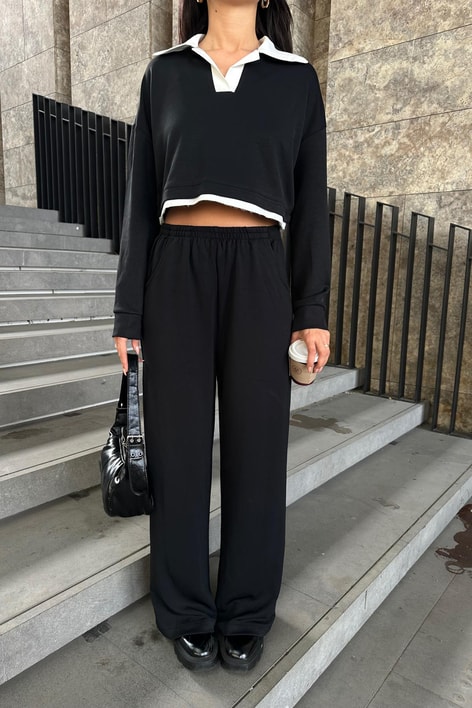 Polo Yaka Palazzo Modal Takım Siyah