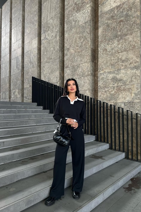 Polo Yaka Palazzo Modal Takım Siyah