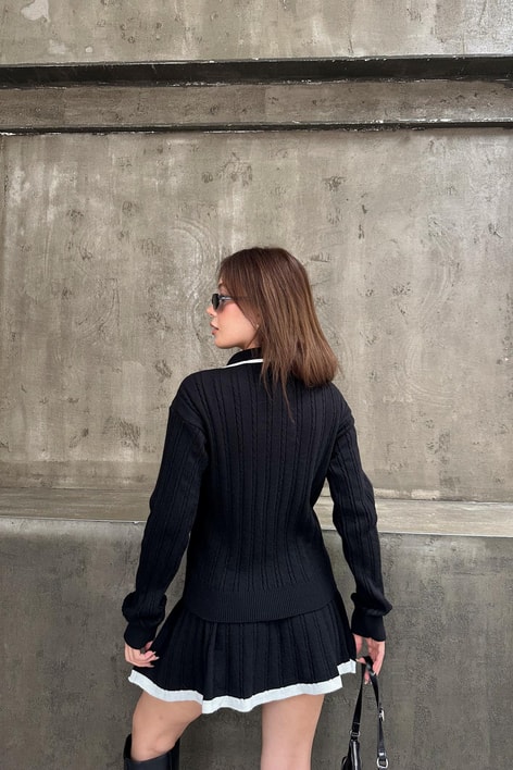 Polo Yaka Şerit Triko Etek Takım Siyah