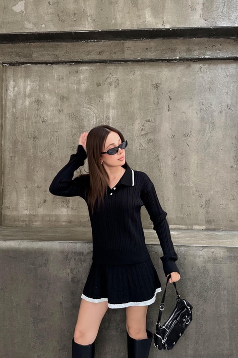 Polo Yaka Şerit Triko Etek Takım Siyah