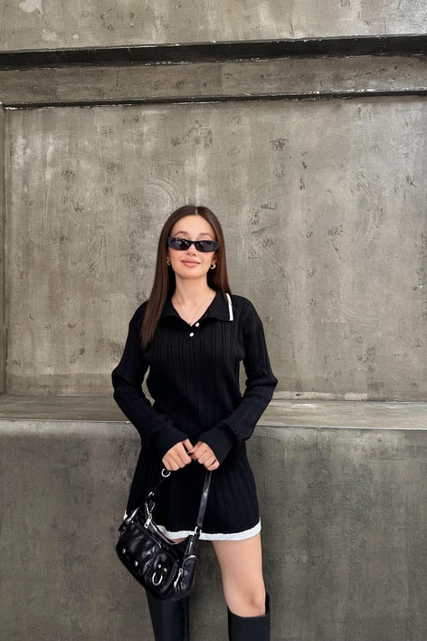 Polo Yaka Şerit Triko Etek Takım Siyah