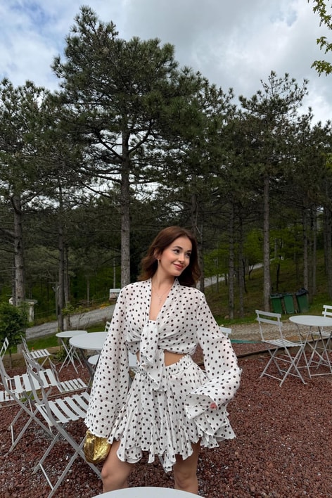 Puantiyeli Kimono Fırfır Şort Etek Takım Beyaz