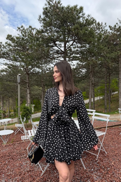 Puantiyeli Kimono Fırfır Şort Etek Takım Siyah