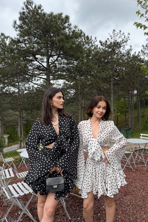Puantiyeli Kimono Fırfır Şort Etek Takım Siyah