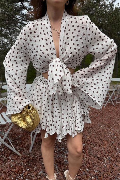 Puantiyeli Kimono Fırfır Şort Etek Takım Beyaz