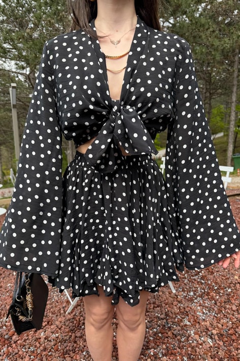 Puantiyeli Kimono Fırfır Şort Etek Takım Siyah