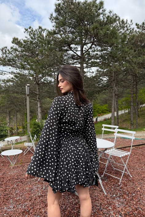 Puantiyeli Kimono Fırfır Şort Etek Takım Siyah