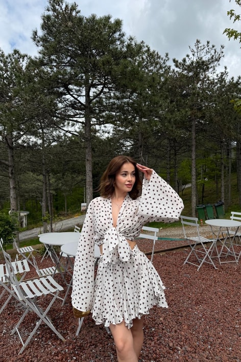 Puantiyeli Kimono Fırfır Şort Etek Takım Beyaz
