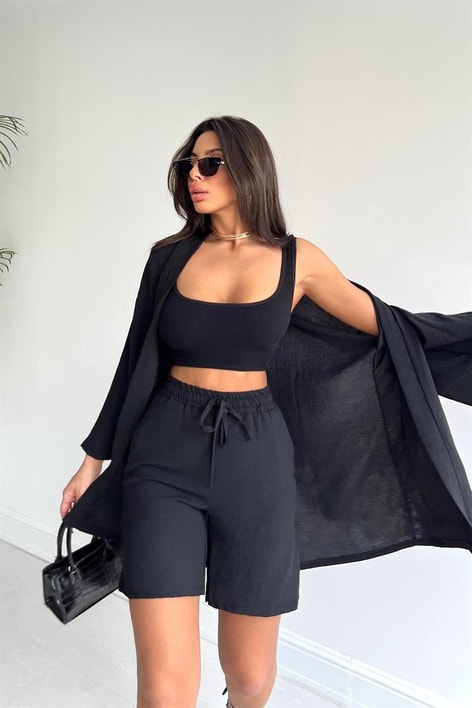 Relaxed Şortlu Kimono Takım Siyah