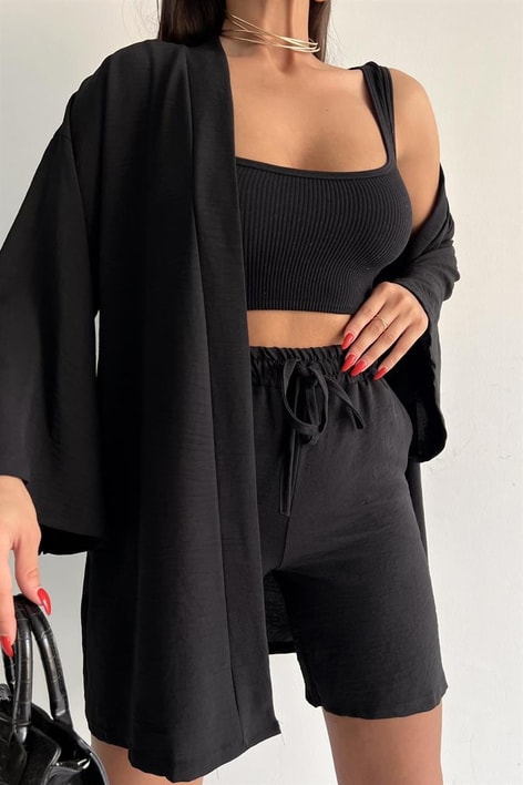 Relaxed Şortlu Kimono Takım Siyah
