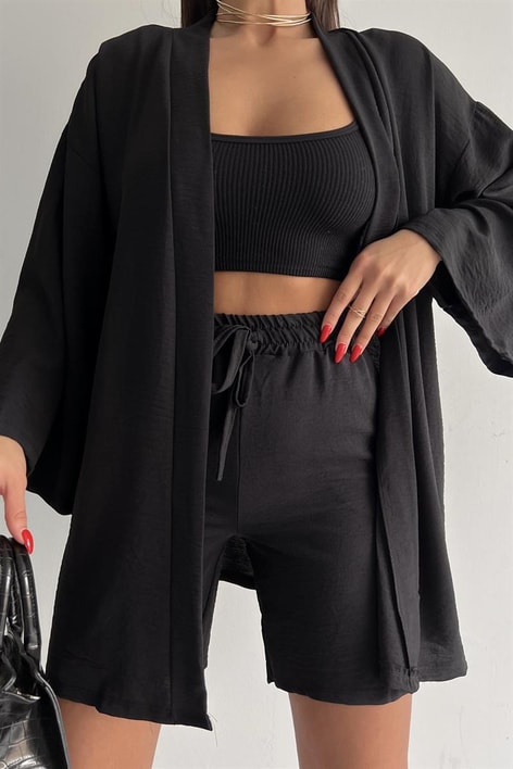 Relaxed Şortlu Kimono Takım Siyah