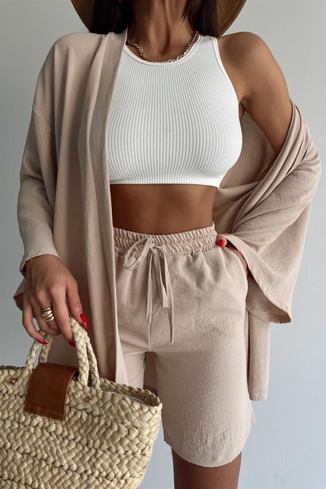 Relaxed Şortlu Kimono Takım Taş