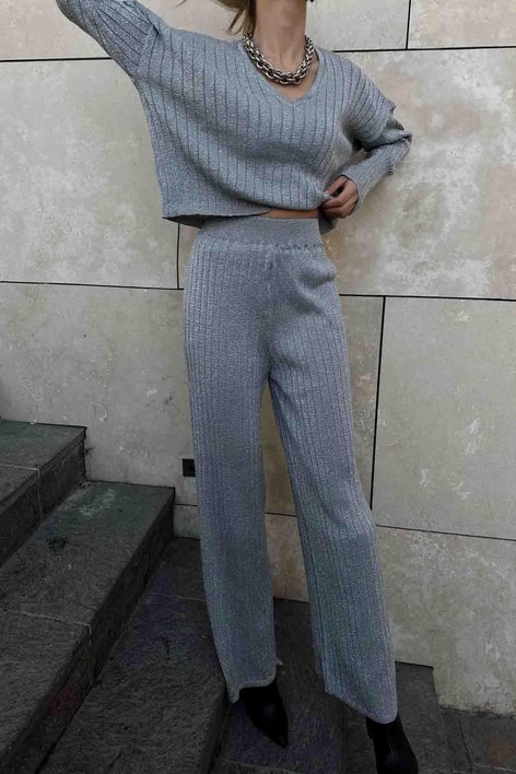 Simli Oversize Fitilli Takım Gümüş